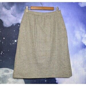Vintage Wool Plaid A-Line Skirt Size 12 Brown Gray Academia Librarian Preppy
